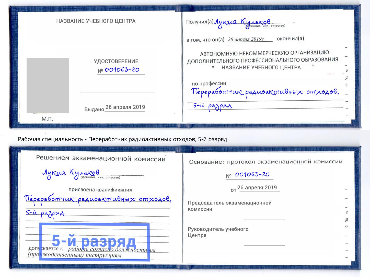 корочка 5-й разряд Переработчик радиоактивных отходов Клин