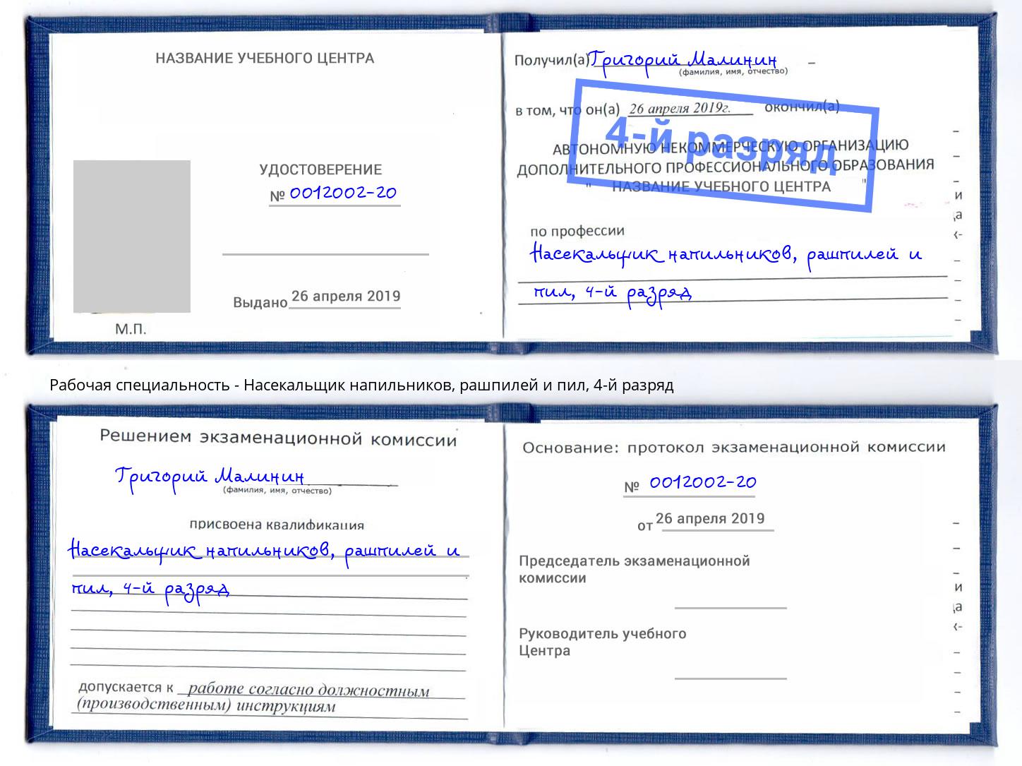 корочка 4-й разряд Насекальщик напильников, рашпилей и пил Клин