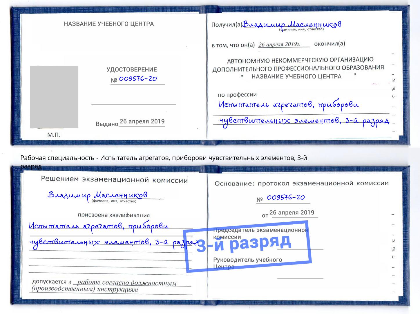корочка 3-й разряд Испытатель агрегатов, приборови чувствительных элементов Клин