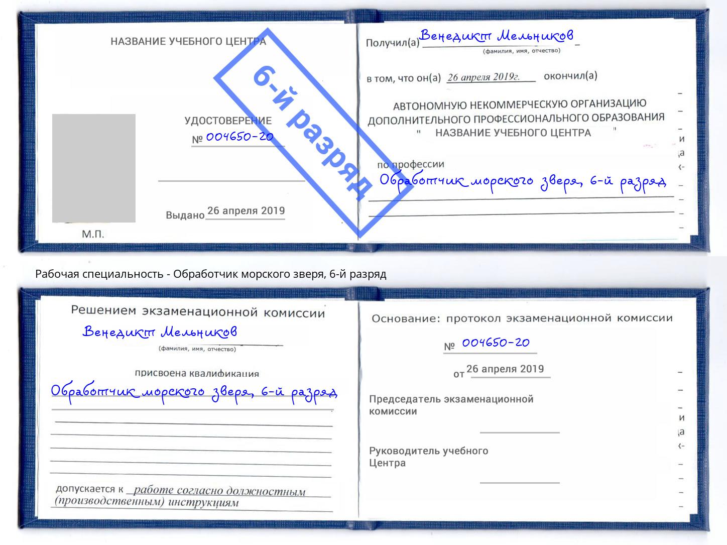 корочка 6-й разряд Обработчик морского зверя Клин