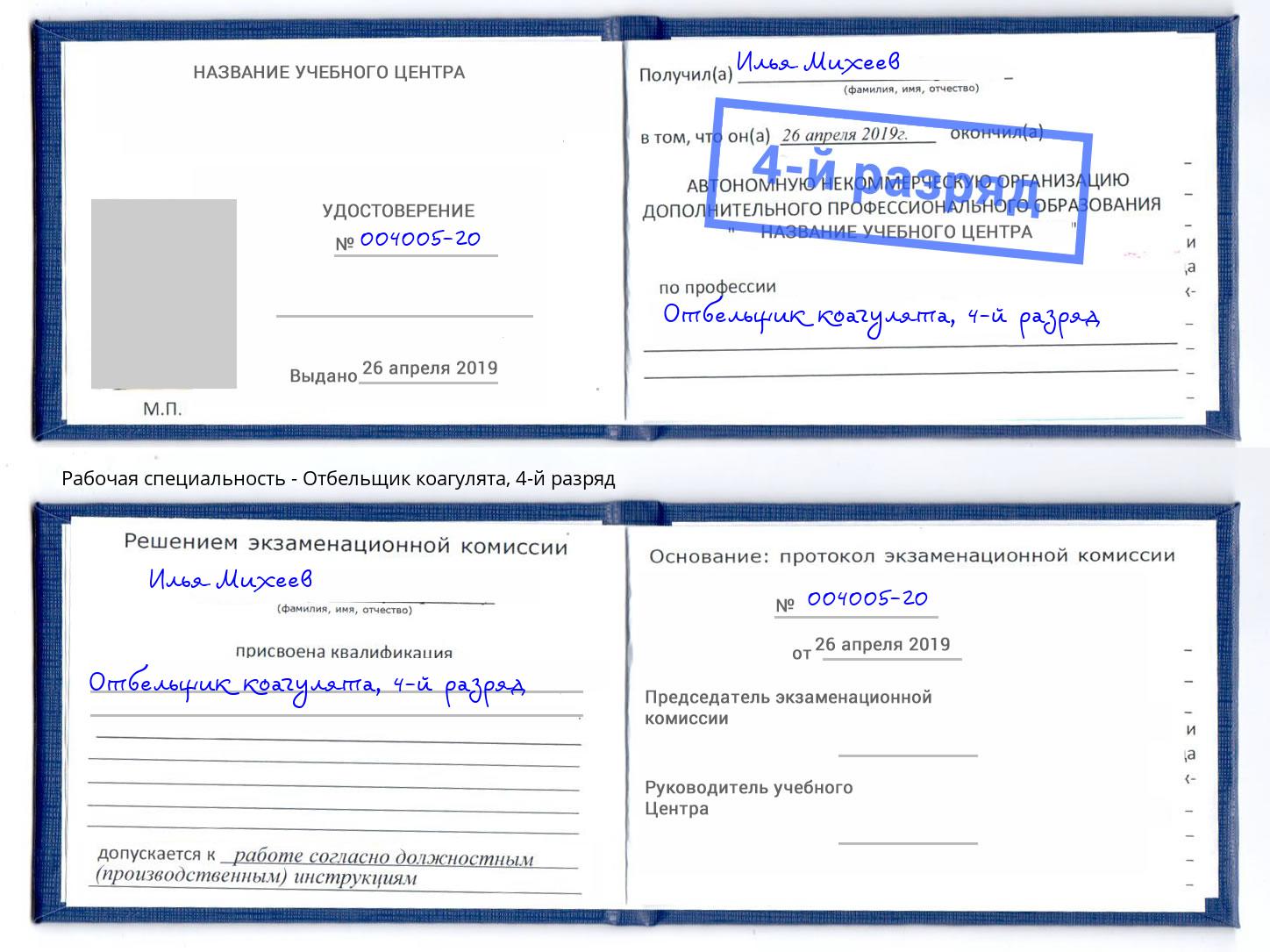 корочка 4-й разряд Отбельщик коагулята Клин
