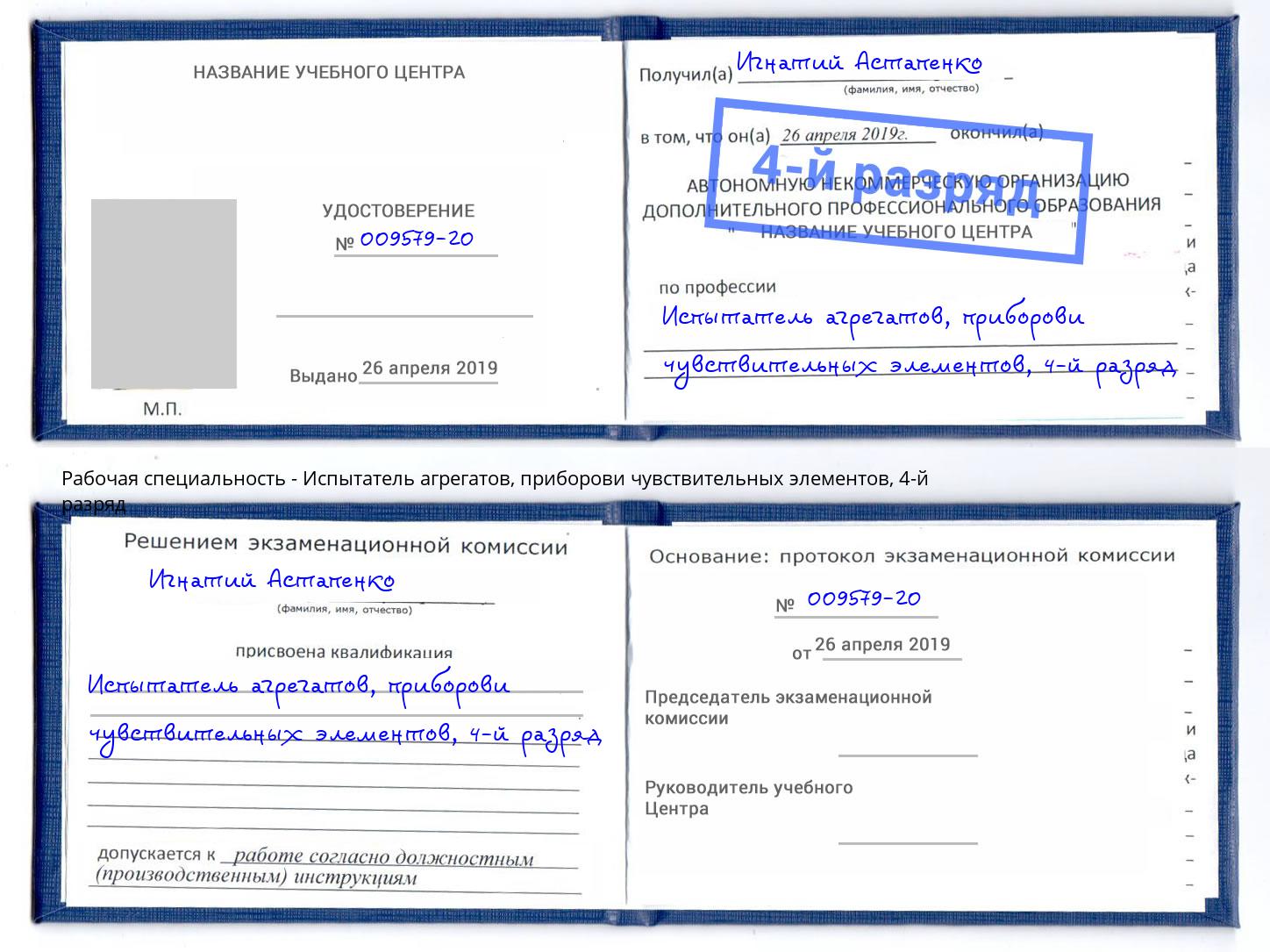 корочка 4-й разряд Испытатель агрегатов, приборови чувствительных элементов Клин