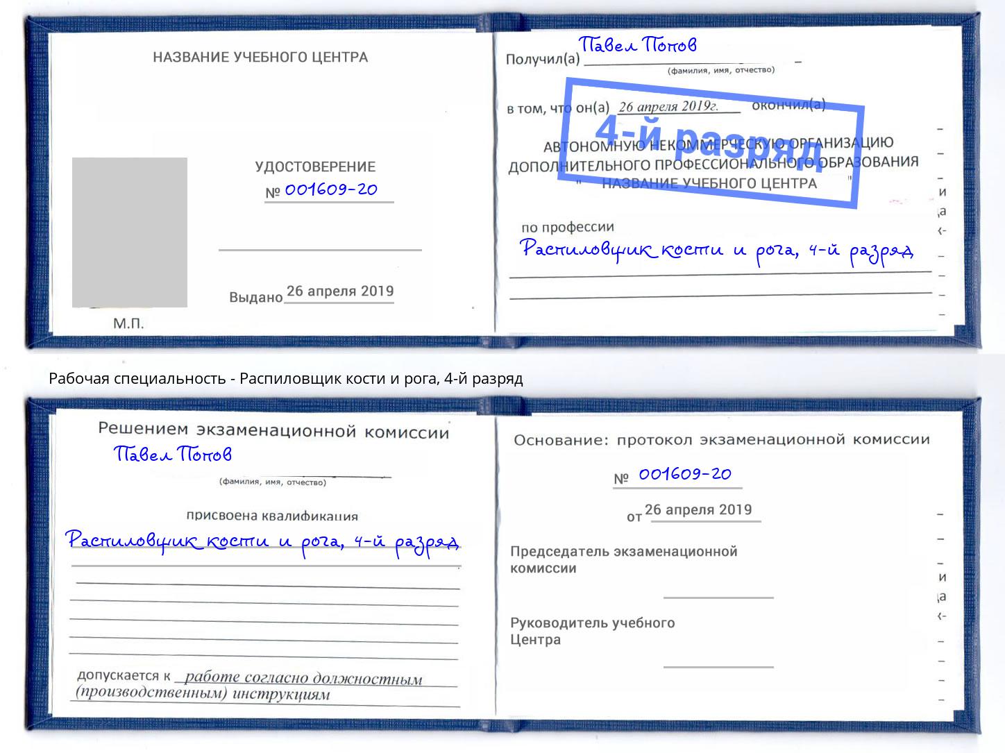 корочка 4-й разряд Распиловщик кости и рога Клин