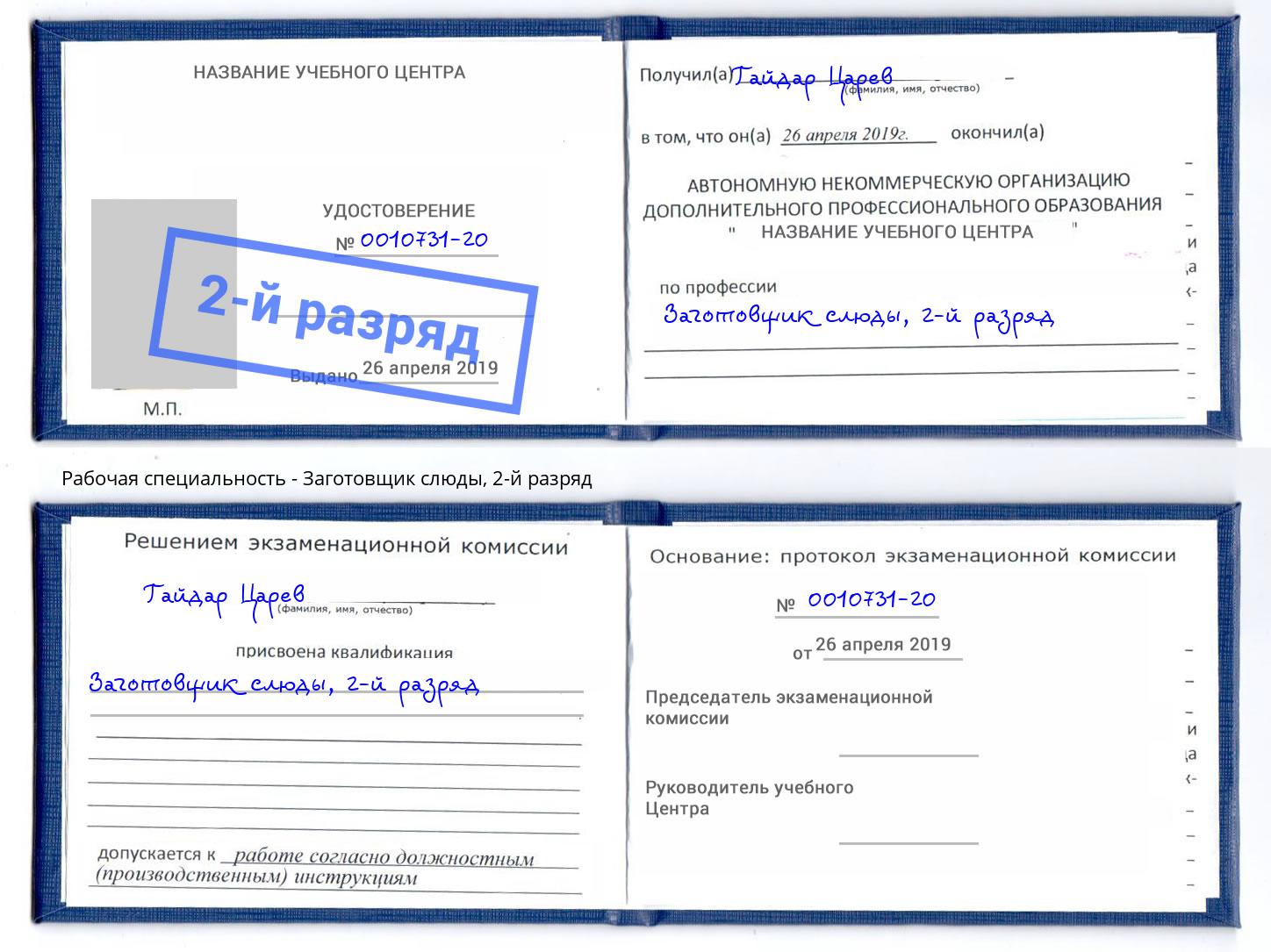 корочка 2-й разряд Заготовщик слюды Клин