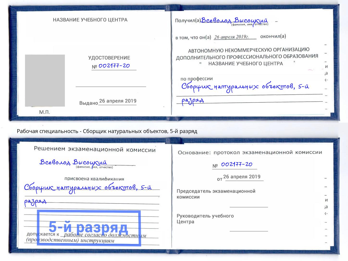 корочка 5-й разряд Сборщик натуральных объектов Клин