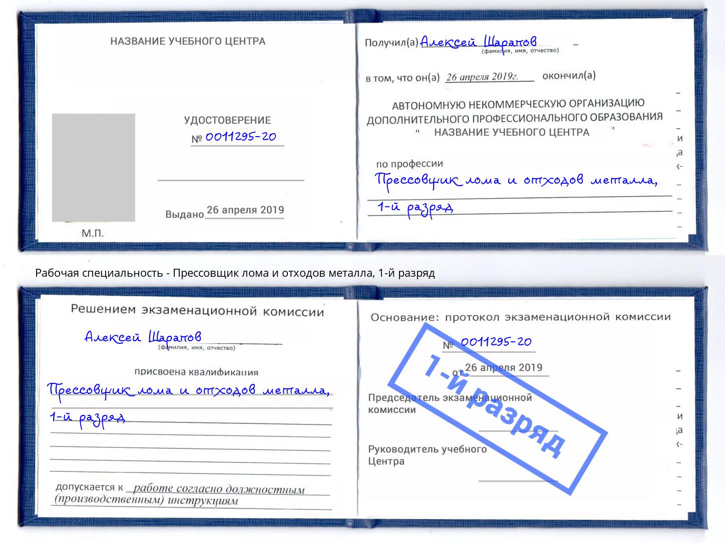 корочка 1-й разряд Прессовщик лома и отходов металла Клин