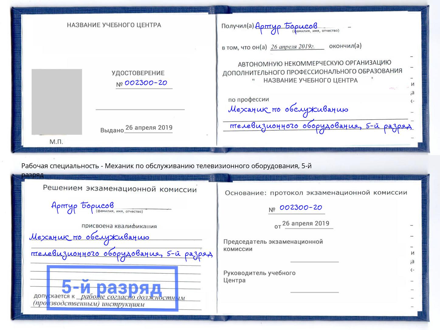 корочка 5-й разряд Механик по обслуживанию телевизионного оборудования Клин